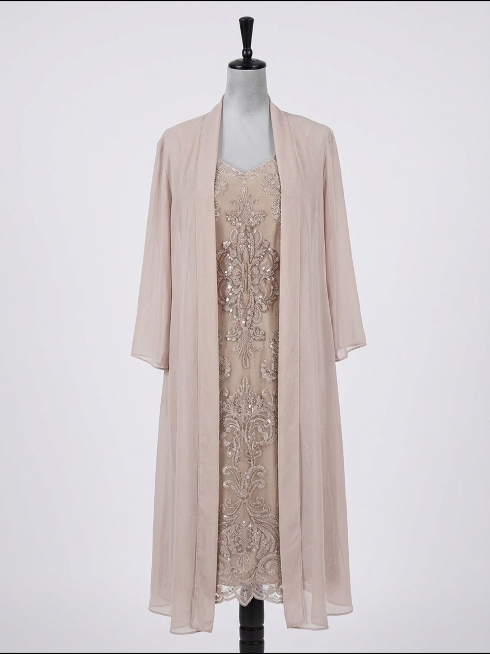 Alex Evenings Embellished Beaded Dress & Sheer Jacket Set Size 16 Champagne Moth